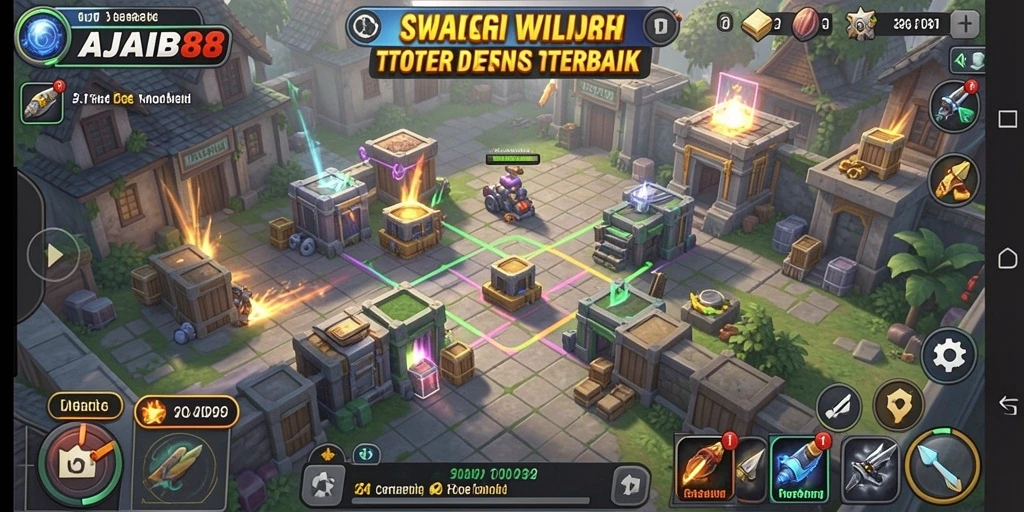 Screenshot gameplay AJAIB88 dengan menara pertahanan yang beragam.