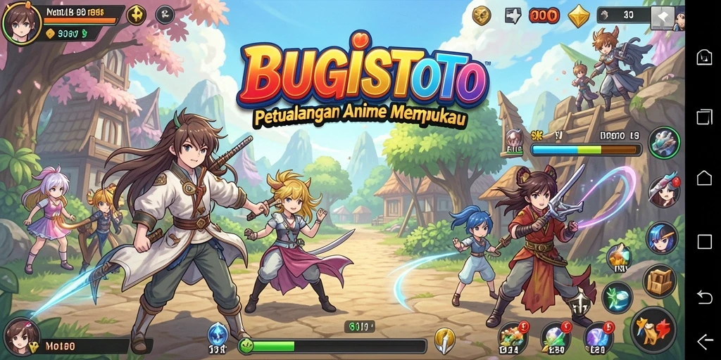 Screenshot gameplay <strong>BUGISTOTO</strong> yang menampilkan karakter anime yang dinamis.