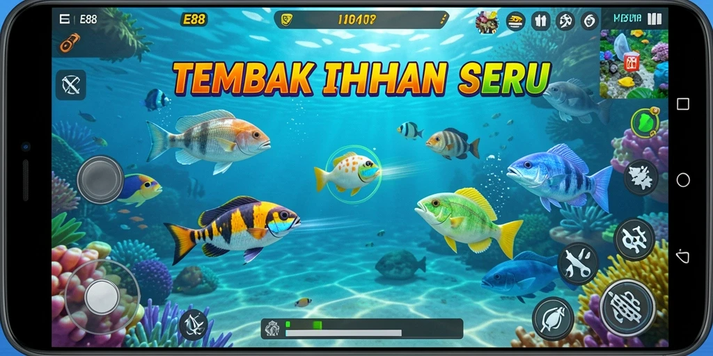 Tangkapan layar gameplay E88 yang menunjukkan aksi menangkap ikan.