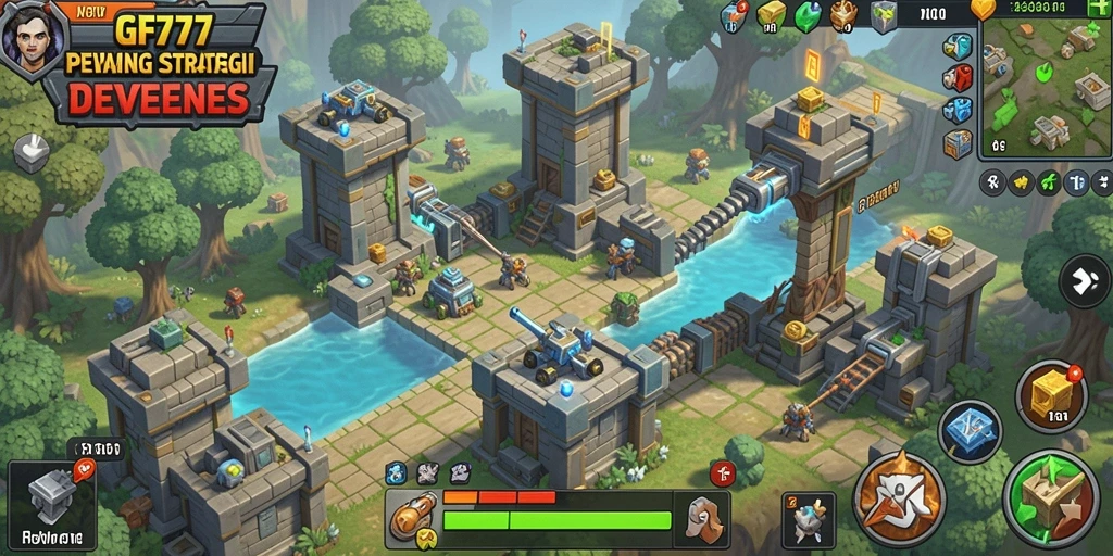 Screenshot gameplay GF777 dengan menara dan musuh yang terlihat.
