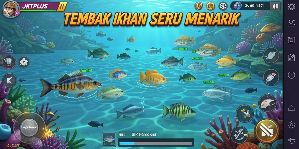 Screenshot gameplay JKTPLUS menampilkan aksi menembak ikan yang seru.