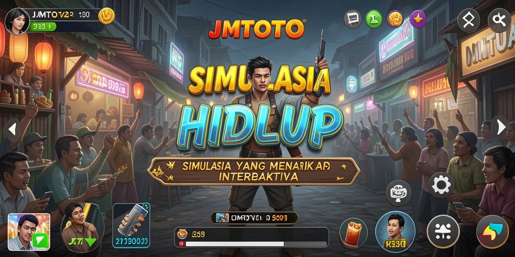 Screenshot gameplay JMTOTO menampilkan dunia simulasi yang interaktif dan lengkap.