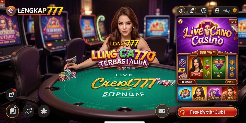 Screenshot gameplay LENGKAP777 menampilkan dealer profesional dan suasana kasino yang menegangkan.