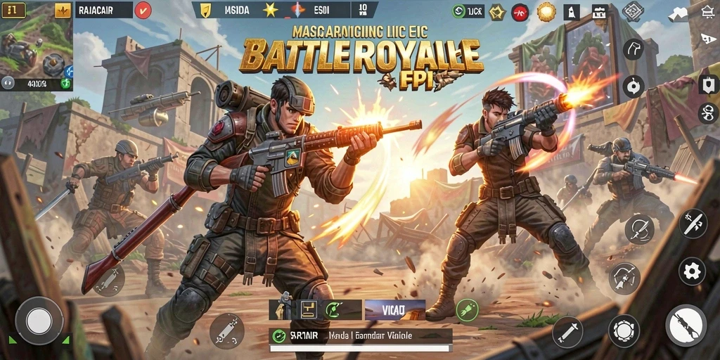 Screenshot utama RAJACAIR menampilkan aksi seru dalam pertempuran Battle Royale.