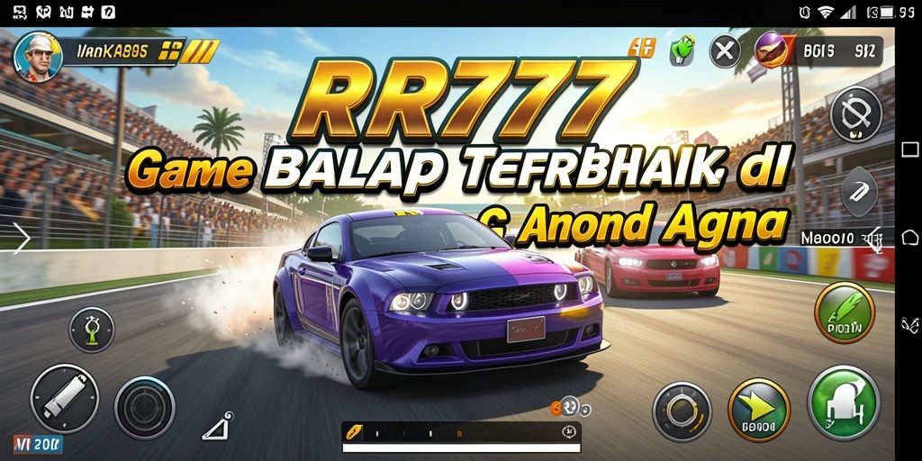 Tampilan utama gameplay RR777 dengan mobil balap yang cepat dan lintasan menantang.