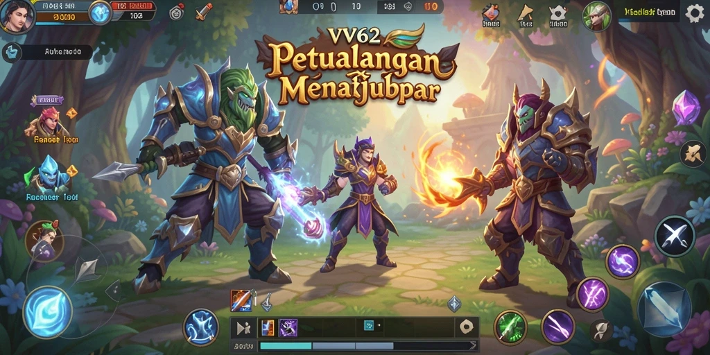 Screenshot gameplay <strong>VV62</strong> menunjukkan pertempuran seru dan dunia fantasi yang kaya.